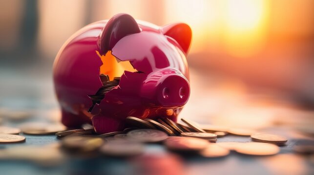Piggy bank with a hole surrounded by coins at sunset