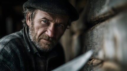 A weathered farmer sharpening his sickle beside a rustic wooden hut  long title A hard working older farmer carefully sharpening his sickle a