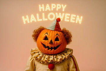 High resolution photo of a creepy clown costume with a carved pumpkin jack o’ lantern head, curly wig, clown suit, and pointed hat, set against a pastel background with glowing “Happy Halloween” text 