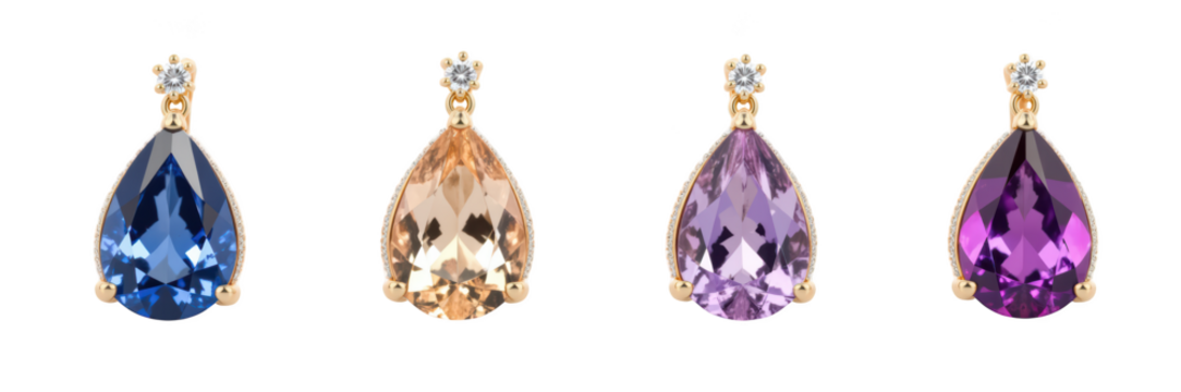Elegant gemstone earrings featuring variety of colors including blue, peach, purple, and violet, set in gold with sparkling accents