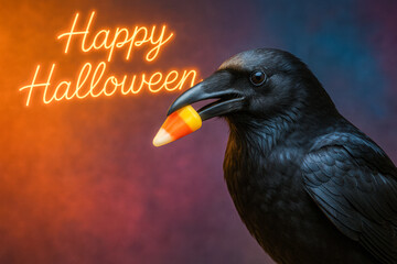 High resolution photo of a black raven holding a piece of candy corn in its beak, dramatic gradient background of orange and purple tones, glowing neon “Happy Halloween” text above, creative design