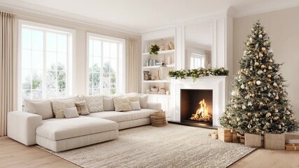 Cozy living room with decorated Christmas tree and fireplace glowing warmly creating festive holiday atmosphere - Powered by Adobe