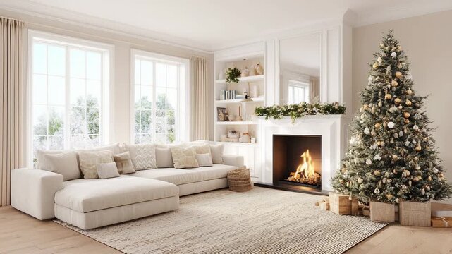 Cozy living room with decorated Christmas tree and fireplace glowing warmly creating festive holiday atmosphere