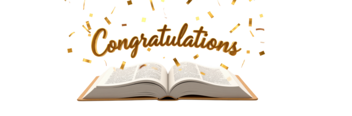 Congratulations celebration with open book and confetti, symbolizing achievement and joy