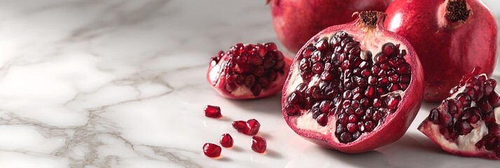 Juicy pomegranate fruit, cut open revealing vibrant red arils, scattered seeds on marble