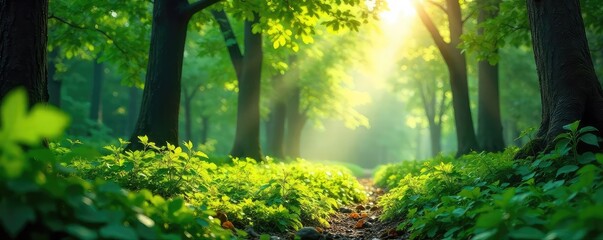 Obraz premium Sun-Dappled Forest Vibrant Green Foliage and Tranquil Atmosphere - Perfect for Travel, Nature Documentaries, and Environmental Themes