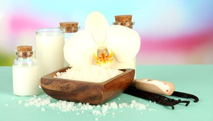 A delicate arrangement of white orchid, milk, salt, and vanilla pods on a teal surface, creating a serene spa or wellness setting.