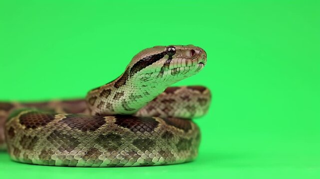 Coiled Python Snake with Intricate Pattern on Vibrant Green Screen Background, Head Raised in Alert Pose, Ideal for Chroma Key Compositing