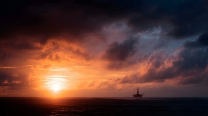 Obraz premium Dramatic sunset silhouette of an oil rig on the horizon