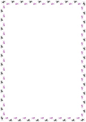 Black and violet ants crawling and creating a border on a white background frame