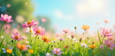 Serene Pastel Flowers Gently Swaying in a Sunlit Meadow Springtime Peace and Delicate Joy