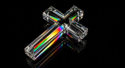 Crystal cross refracting a vibrant rainbow of light on a reflective black background.