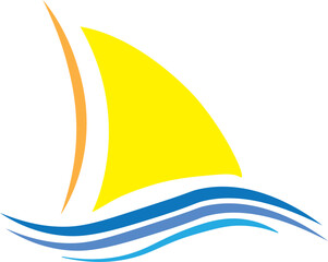 Overcast Day at a Calm Beach with Ships on the Horizon, Minimalist Sailboat Logo with Waves, Abstract Nautical and Ocean Wave Icon