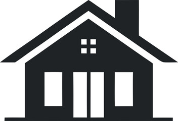 Vector art of simple black silhouette of a house with a pitched roof, chimney, windows, and double doors, isolated on a
