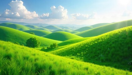 Fototapeta premium Rolling hills bathed in sunlight, whimsical curves suggesting joyous laughter echoing across the landscape A serene and playful scene of nature's mirth , light, scenic, meadow