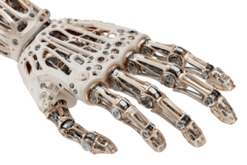 Futuristic robotic hand detail, ivory and chrome, isolated