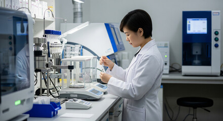 Dedicated Female Scientist Precisely Measuring Samples in a High-Tech Research Laboratory