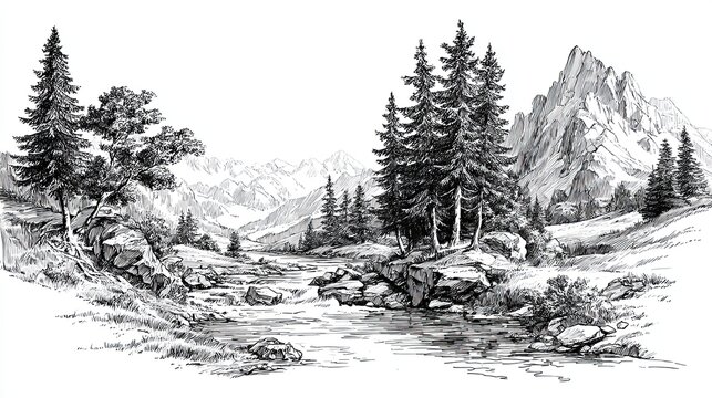 Engraving sketch alpine river with pine forest and rocky mountains vintage landscape line art drawing