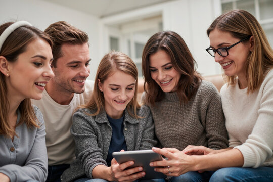 Group of Caucasian young adults sitting together smiling and interacting with digital tablet, all looking at screen and engaging in shared activity indoors