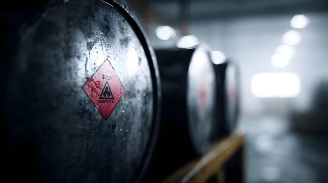 Fuel tanks with safety warning signs in an industrial setting