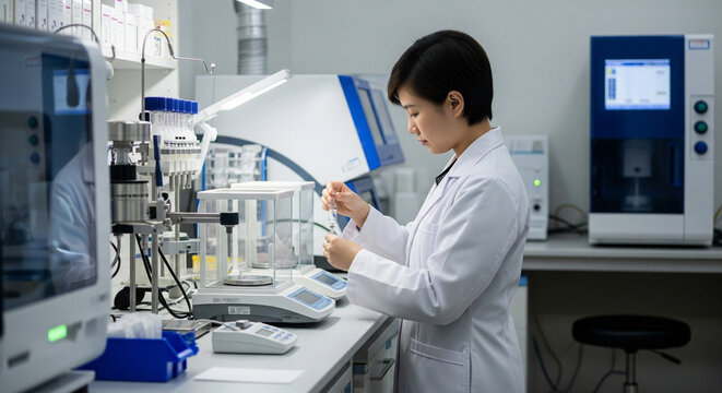 Dedicated Female Scientist Precisely Measuring Samples in a High-Tech Research Laboratory