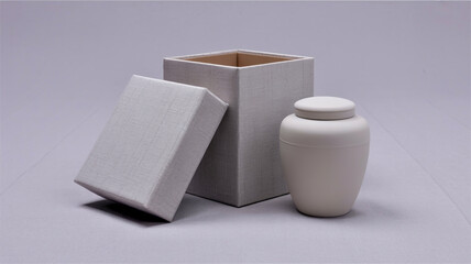 A product photography composition featuring a light gray textured cardboard box and a white ceramic urn against a plain light gray background.