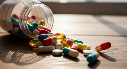 Colorful Pharmaceutical Pills & Capsules Spilled from Bottle on Wood - Healthcare & Medicine Concept