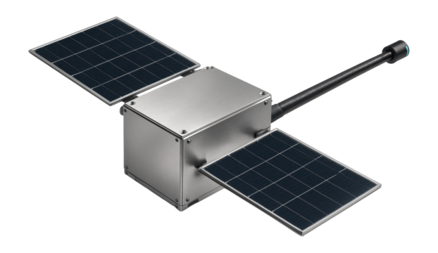 Satellite with a rectangular body and a long boom arm for sensor deployment