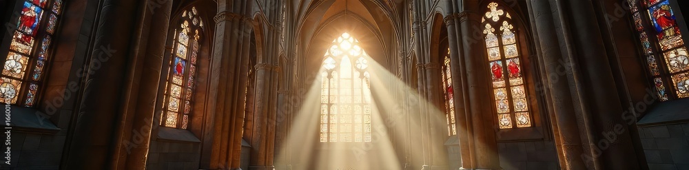 Wall mural sunbeams dance in cathedral stained glass, creating a serene and reverent atmosphere of hope and tra