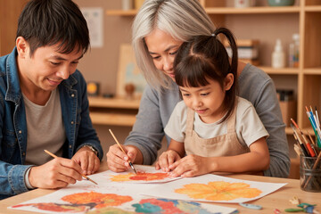 Fototapeta premium Asian middle aged man, senior woman, and child girl painting together at table, using brushes to create colorful artwork, smiling and focusing on creative activity