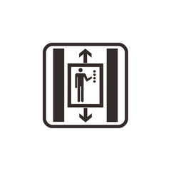 A simple elevator icon depicting a person inside a lift, with up and down arrows.