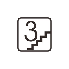 Simple graphic illustration of the number three with a staircase symbol inside a square.
