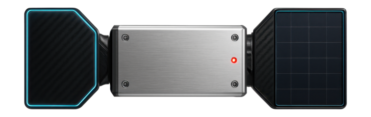 Rectangular satellite body with protruding sensor arrays and panels