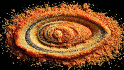Abstract swirling pattern of vibrant orange and yellow spices creating a cosmic nebula effect