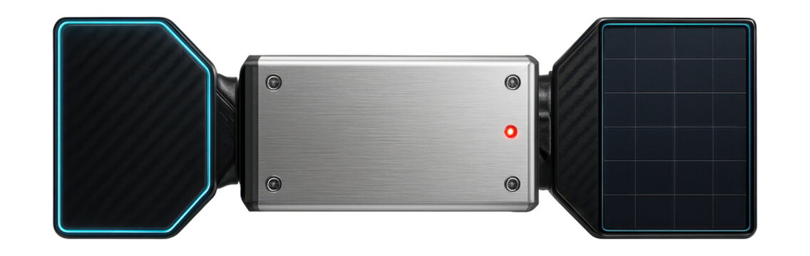 Rectangular satellite body with protruding sensor arrays and panels