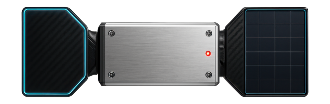 Rectangular satellite body with protruding sensor arrays and panels