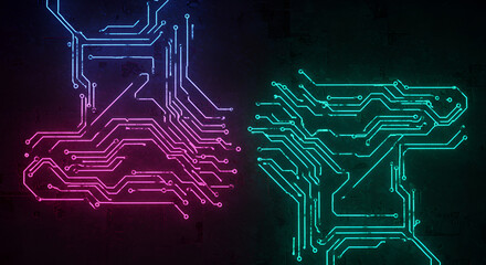 Futuristic cyberpunk wall with neon lights and circuit patterns