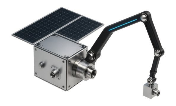 Satellite with articulated arm for payload deployment and adjustment