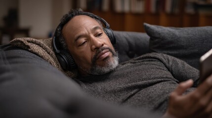 Senior African American man enjoying music and relaxing on a couch in a cozy living room while listening to headphones