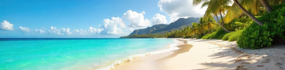 Fototapeta premium Sun-Drenched Hawaiian Beach Turquoise Waters Gently Lap Golden Sands, Lush Tropical Foliage Framing a Pristine Paradise Ideal for Travel and Vacation Projects