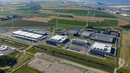 massive data center, computing center, aerial video in the Eemshaven, The Netherlands.