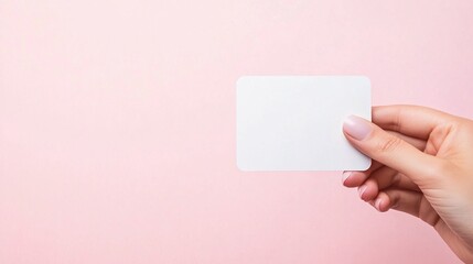 Obraz premium Hand Holding Blank Card on Pink Background, Minimalist Business/Creative Scene (Business Card Display, Message Interaction)