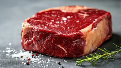 Obraz premium A fresh raw steak seasoned with coarse salt, peppercorns, and garnished with rosemary on a dark surface.