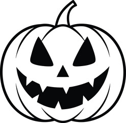 A classic black and white illustration of a spooky jack-o'-lantern with a menacing grin and sharp teeth