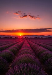 Lavender Field at Sunset in Provence, France.