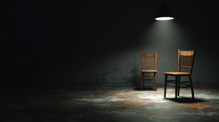 Two rustic wooden chairs sit silently under a spotlight in an industrial setting