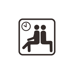 A pictogram illustrating two people seated side-by-side with a clock, indicating a waiting area or waiting time.