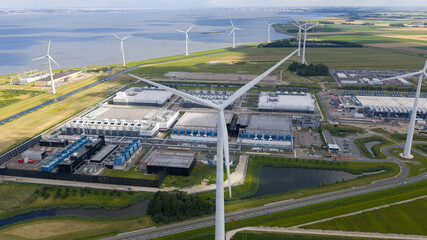 massive data center, computing center, aerial video in the Eemshaven, The Netherlands.