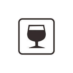Simple black and white graphic of a wine glass inside a square frame.