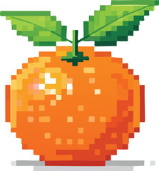 Fototapeta premium Pixel art illustration of an orange fruit in retro 16-bit game style with blocky pixels, bright colors, and simple shading, perfect for nostalgic gaming and digital art design.